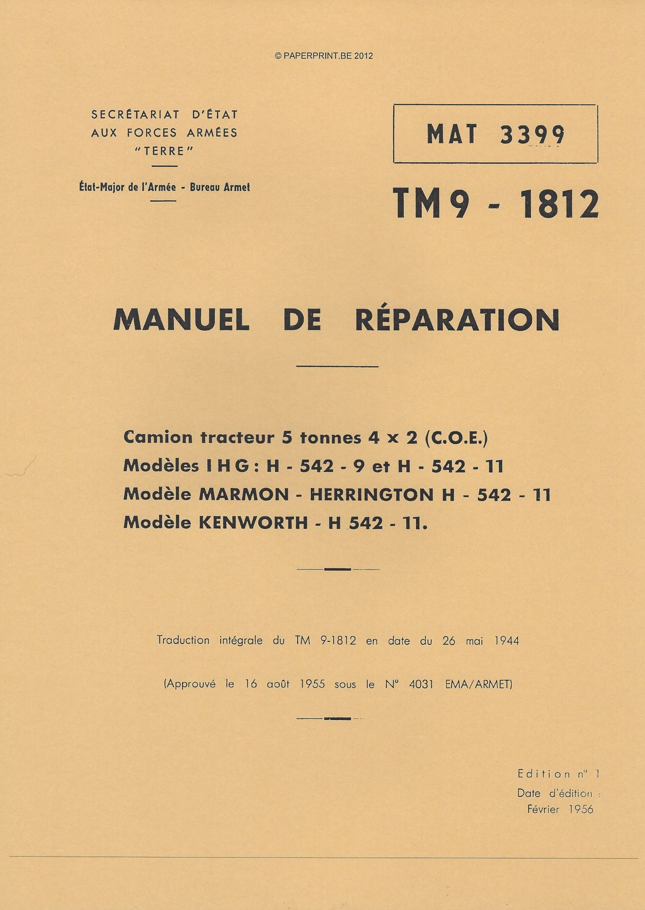TM 9-1812 FR CAMION TRACTEUR 5 TONNES DE 4x2 (C.O.E.)